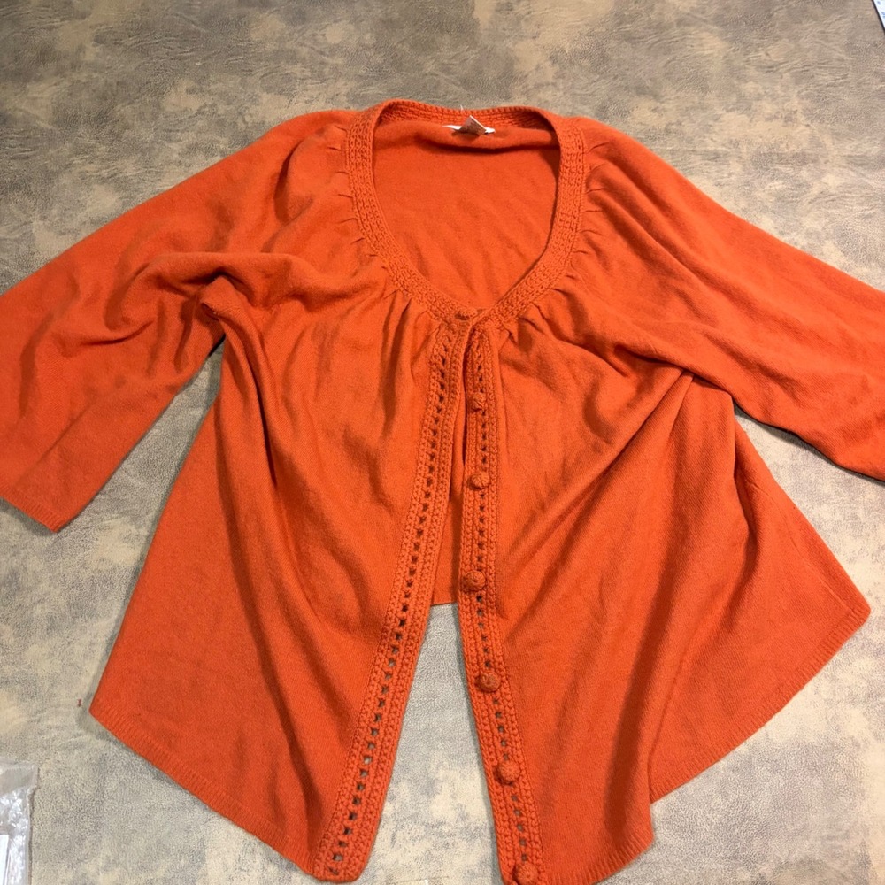 Susan Bristol Cardigan Woman 2X Orange Lambswool Angora Crochet Trim Sweater